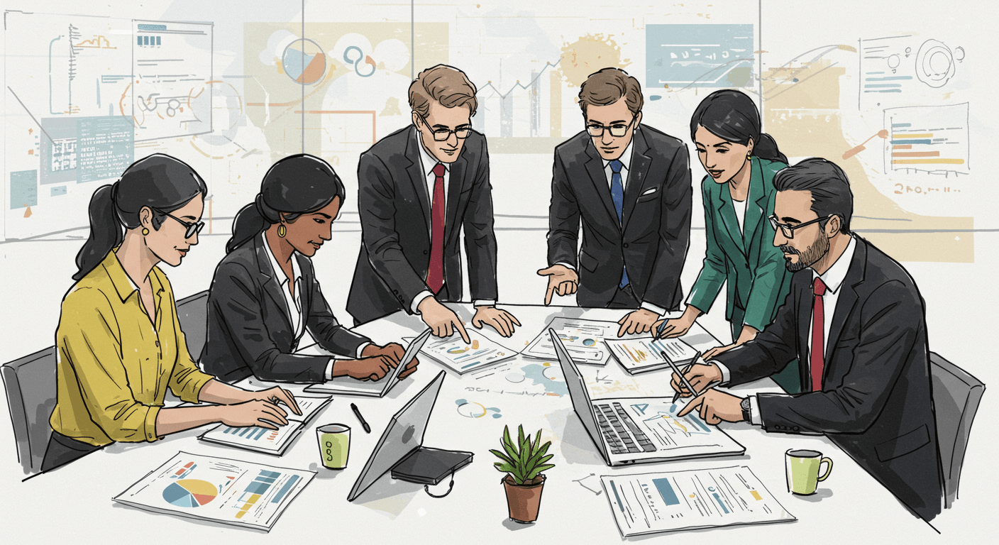 Business team analyzing digital platform strategy to boost growth and improve online performance through modern technology and transformation.